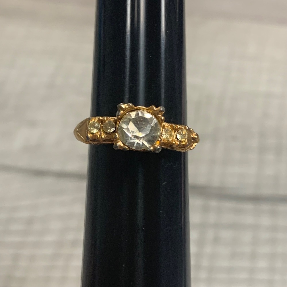 Vintage Gold Tone Clear Crystal Statement Ring Size 7.75 Ornate Textured Band